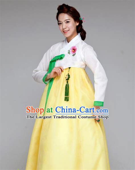 Korean Traditional Dance Hanbok White Blouse And Yellow Dress Garment