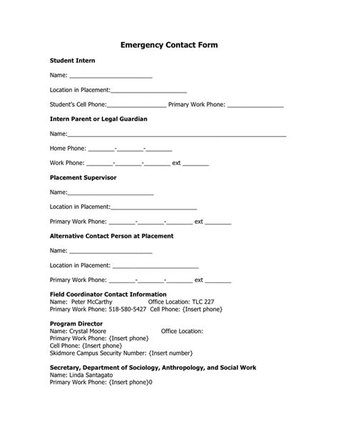 student emergency contact form  word   formats