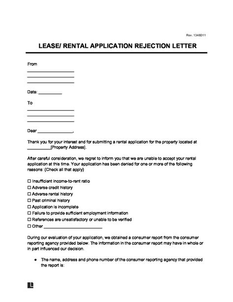 rental application rejection letter legal templates rental