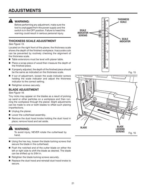 adjustments ridgid   thickness planer  user manual page