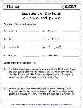 grade ee math worksheets expressions equations  educational