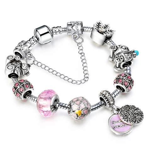 vintage silver charm pandora bracelet femme  women handmade pink crystal bracelets bangles