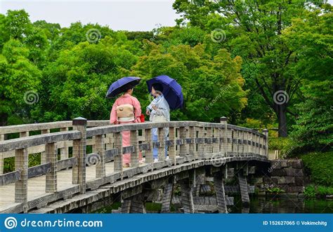 women in kimono walking on wooden bridge editorial image