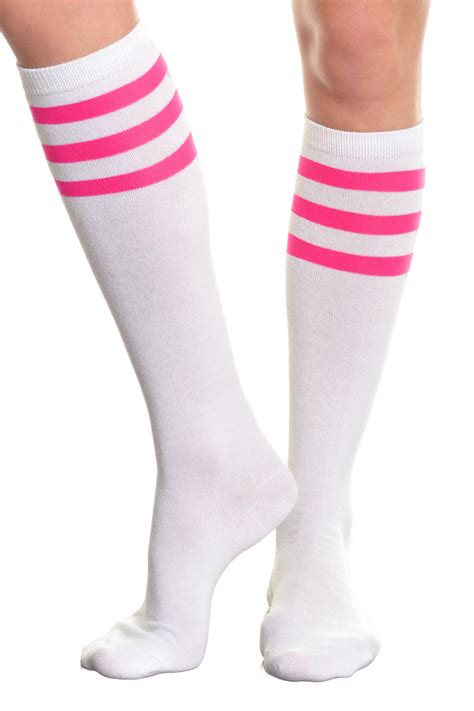 Knee High Socks Neon Stripes On White