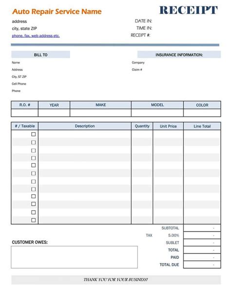 printable auto repair invoice template  printable  real