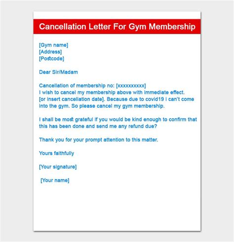 gym cancellation sample letter
