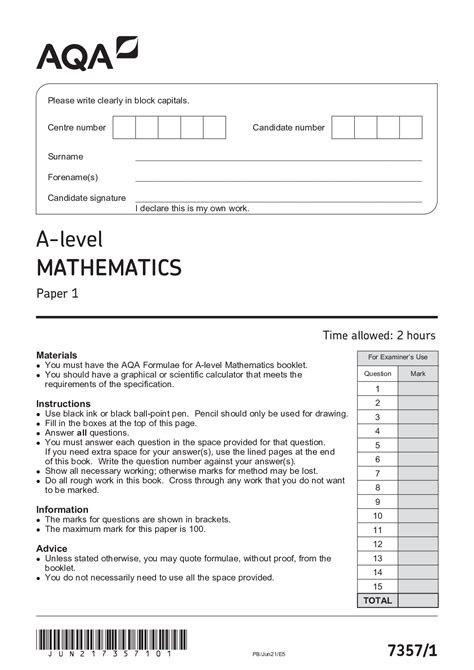 aqa  level mathematics  paper  mark scheme  question paper