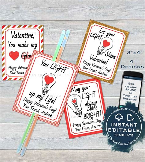 valentine card glow stick favor tags kids editable etsy