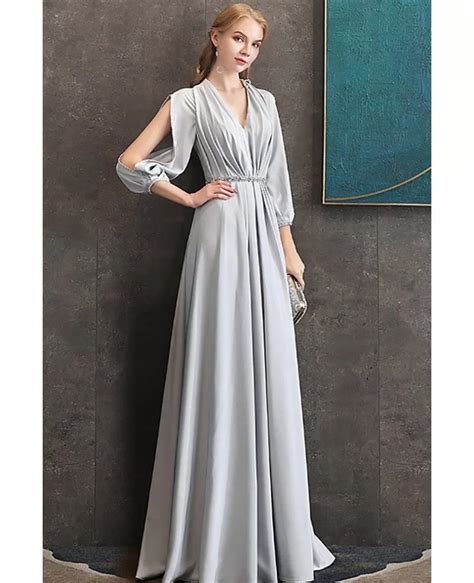 elegant long grey evening formal dress vneck  long sleeves dm