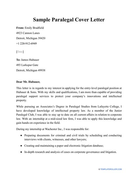 sample paralegal cover letter  printable  templateroller