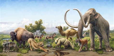 pleistocene megafauna lineup illustration featuring columbian mammoth