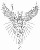 Valkyrie Coloring Tattoo Pages Drawing Viking Adult Norse Tattoos Freyja Colouring Mythology Angel Drawings Wings Fantasy Mythical Lineart Female Designs sketch template