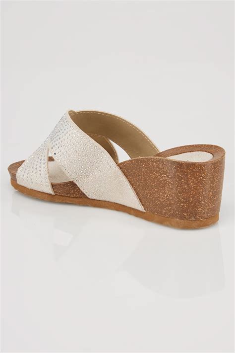 white gold embellished cross front wedge sandals in eee fit