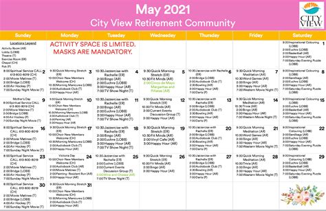 Activities Calendar City View Retirement Community