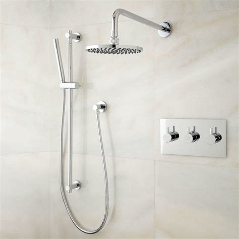 signature hardware  tosca thermostatic shower system  rainfall shower head  hand