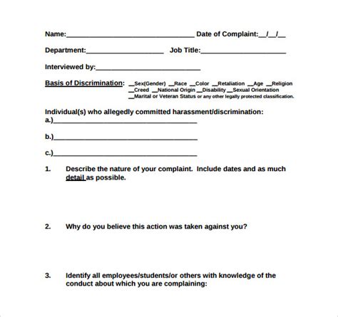 workplace harassment complaint form template card template