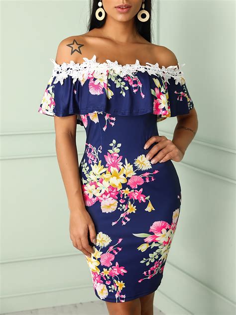 Floral Print Lace Applique Ruffled Bodycon Dress Online Discover