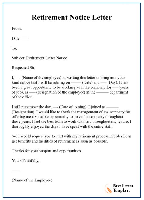 retirement notice letter template format sample