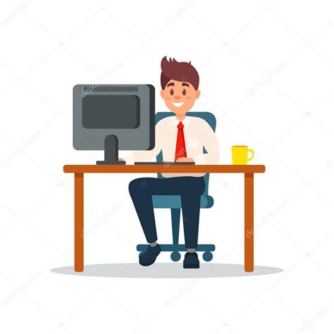 Cartoon Sitting At Computer Smiling Businessman Sitting