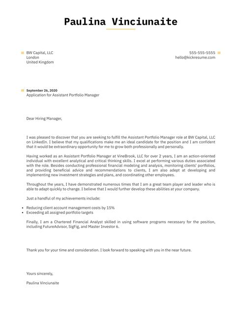 assistant portfolio manager cover letter  kickresume