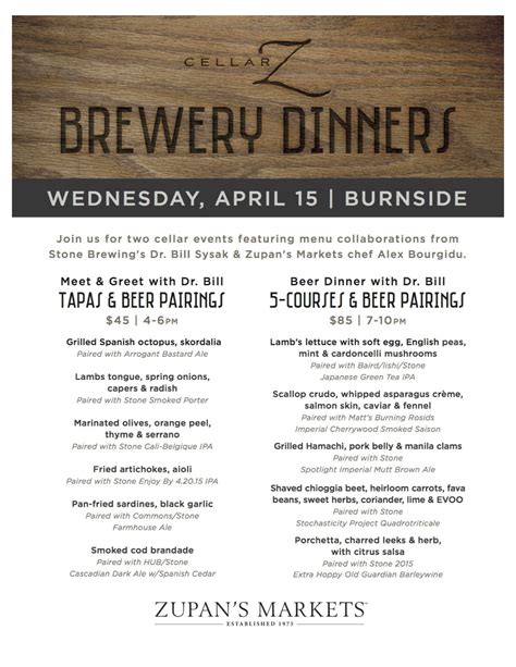 zupans cellar  brewery dinners  stone brewing