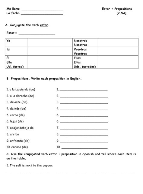 verb estar  prepositions spanish language worksheet