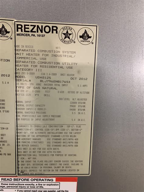 reznor  series udas gas fired separated combustion heater unit input  btuh output