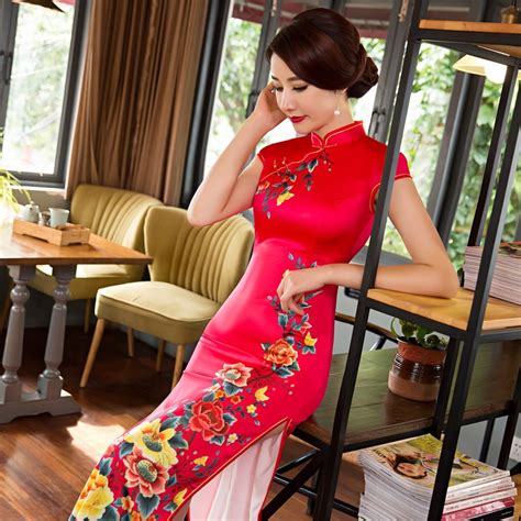new red long slim women cheongsam dress chinese ladies satin qipao