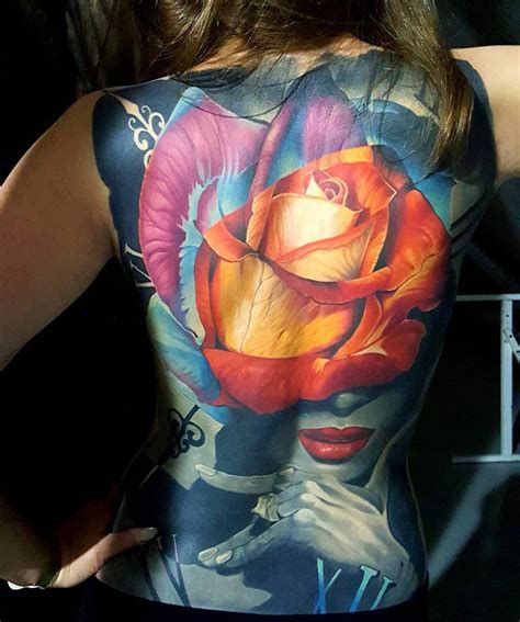 Girls Full Back Tattoo Rose And Face Best Tattoo Design Ideas