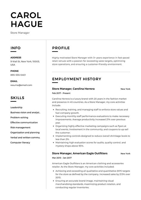 store manager resume sample template  cv formal design
