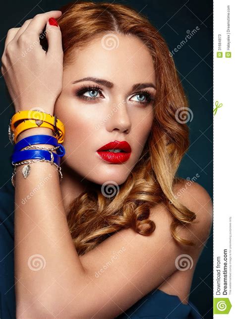 Fashion Closeup Sexy Stylish Blond With Red Lips Stock