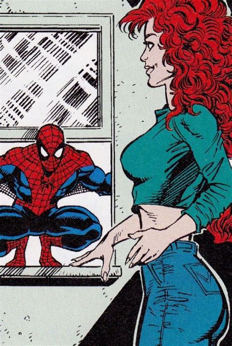 a woman with red hair standing in front of a spider man comic strip art