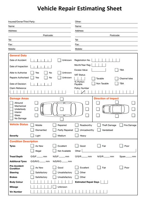 vehicle repair estimating sheet templates  allbusinesstemplatescom