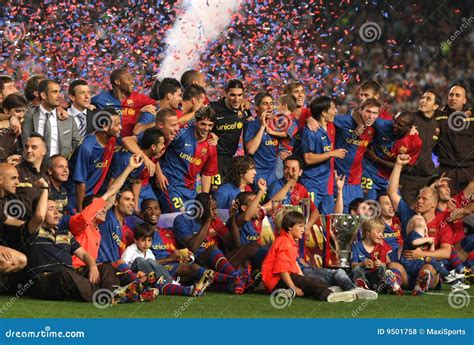 fc barcelona team celebrate la liga editorial stock photo image