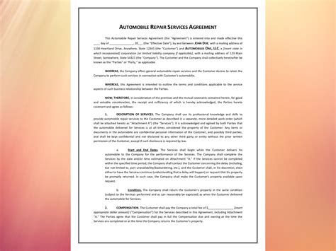 auto repair contract template vehicle repair contract etsy
