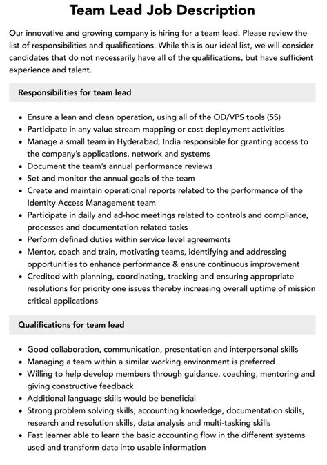 team lead job description velvet jobs