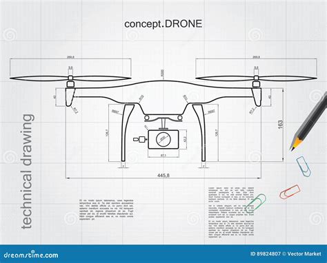 technical drawing drone  white paper background stock vector illustration  remote