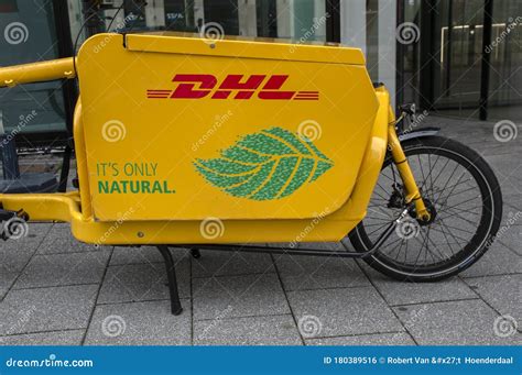 dhl electrical delivery bicycle  amsterdam  netherlands  editorial photo image