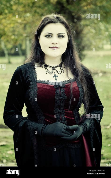 Woman Gothic Style Romantic Gothic Style Standing Forest Stock