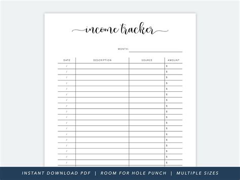 income tracker printable income tracking income log monthly etsy