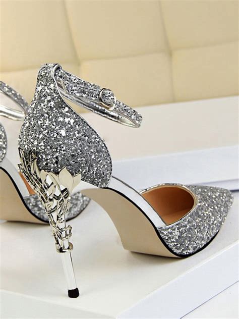 silver giltter diamond sparkly point toe sequin stiletto party prom wedding high heeled shoes