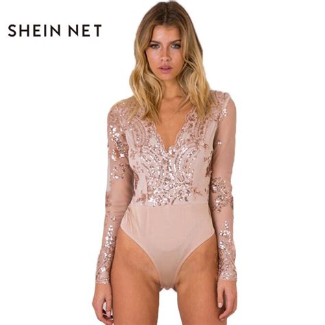 Sheinnet 2017 New Pink Sequin Bodysuit Women Sheer Sexy