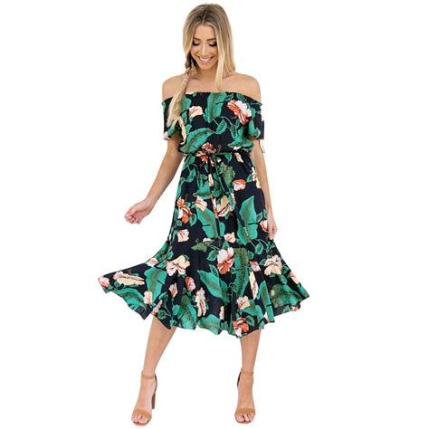 Floral Print Summer Dress For Women Sexy Off The Shoulder Midi Dress