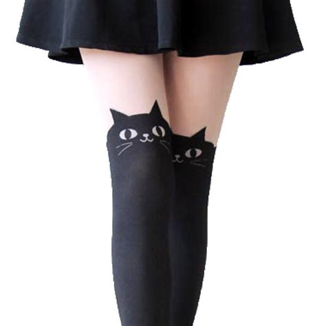 Cute Kitty Cat With Bow Tie Mock Thigh High Pantyhose Tights In Black