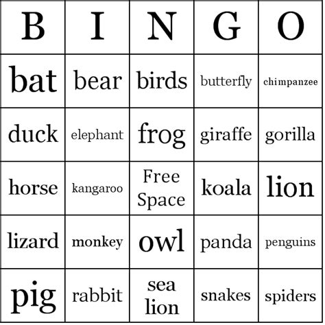 zoo animals bingo cards
