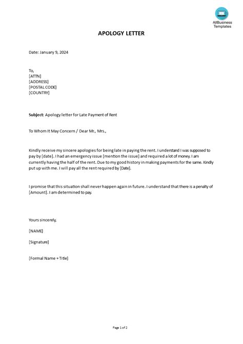 apology letter  late payment  rent templates