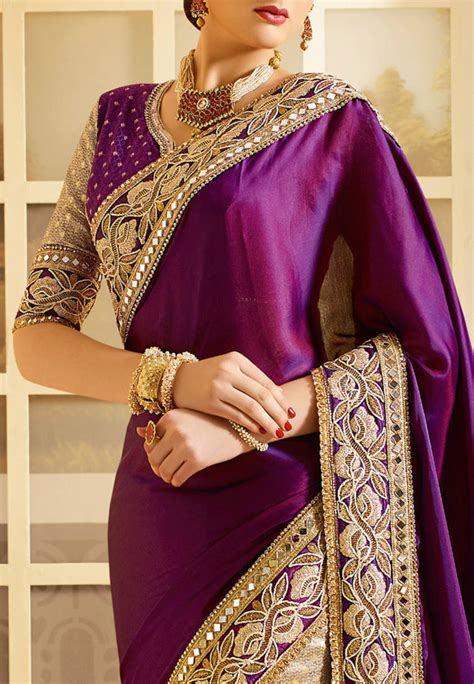 buy violet embroidered art silk saree with blouse online