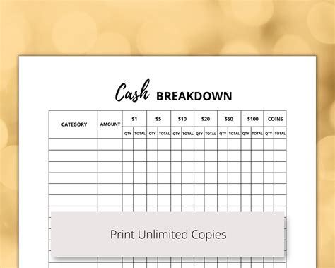 cash breakdown sheet printable  money breakdown form  etsy canada