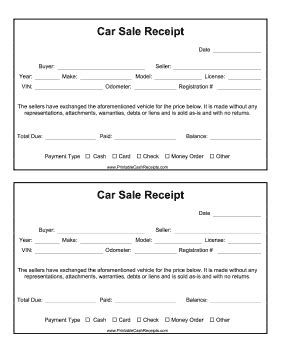 printable car receipt  perfect  personal vehicle sales