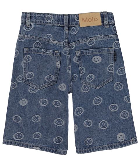 Art Blue Happiness Knee Length Denim Shorts With Smiley Faces Molo